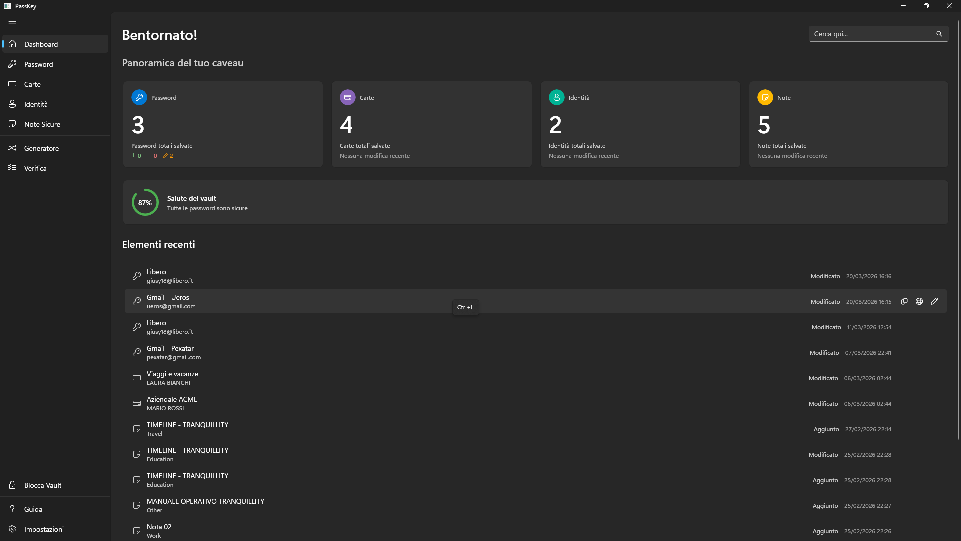 PassKey dashboard showing the password vault